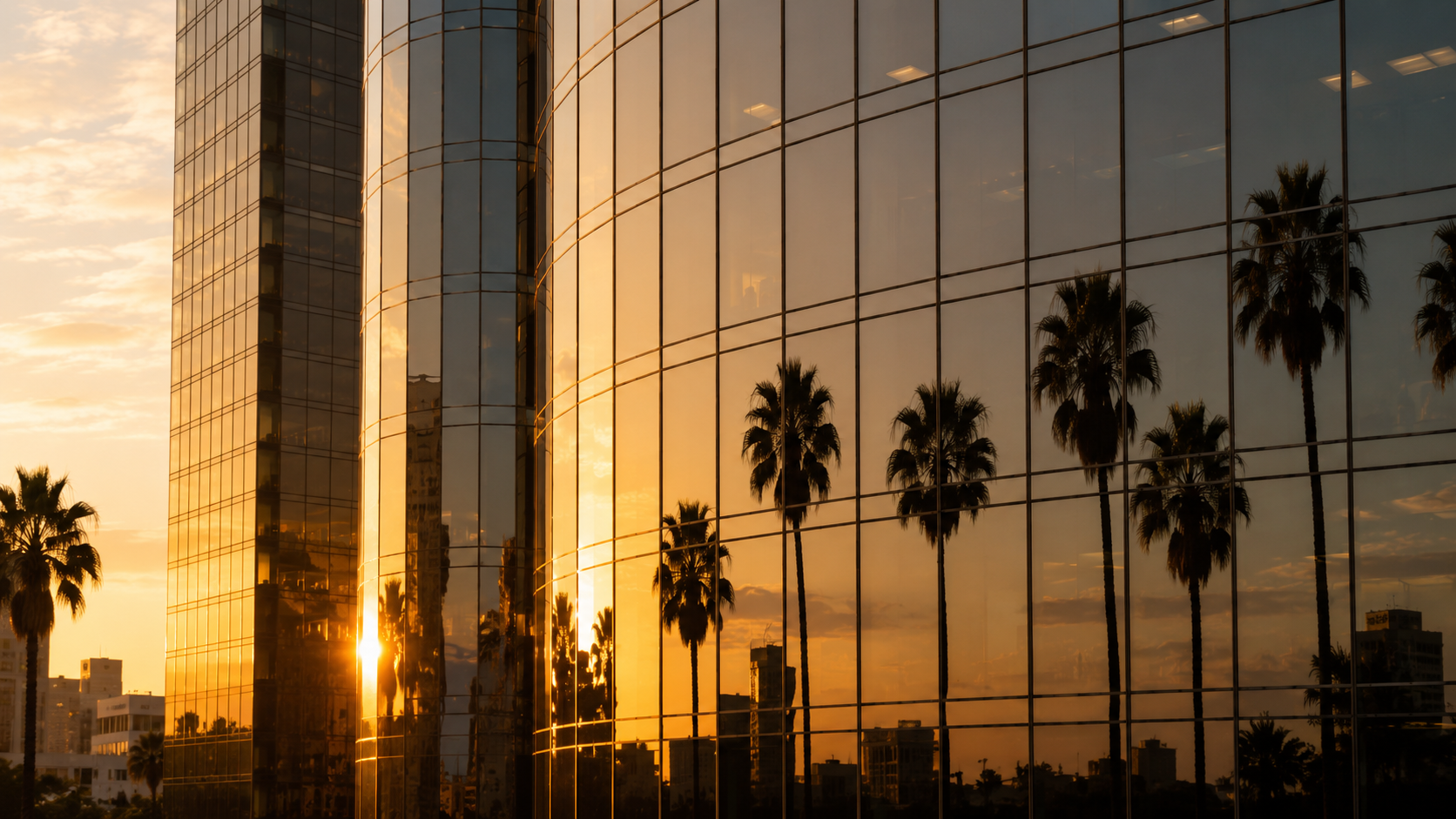 Palm trees reflected in a Los Angeles glass facade